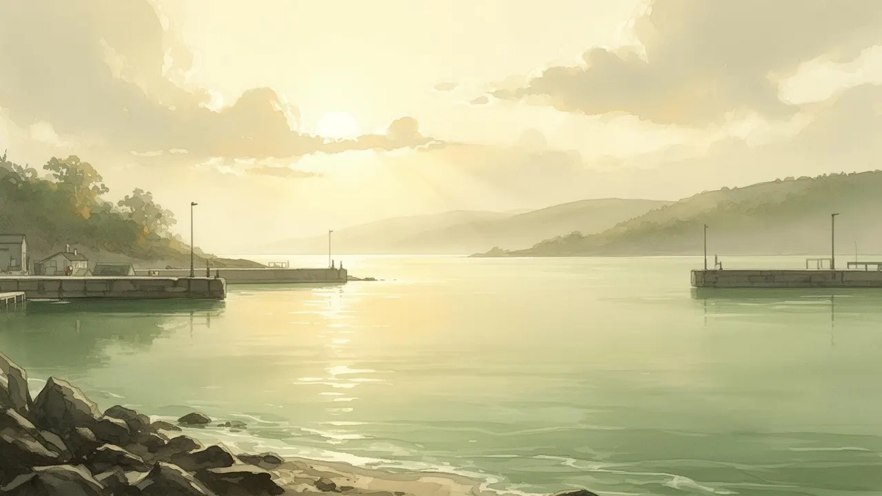 Calm watercolor harbor at golden hour evoking peace and refuge