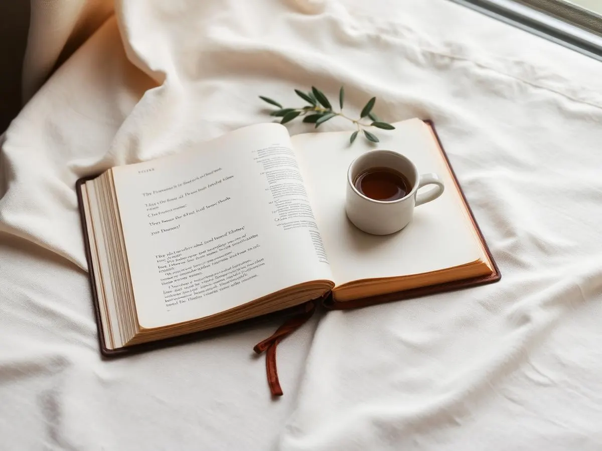 Open book and tea on warm linen