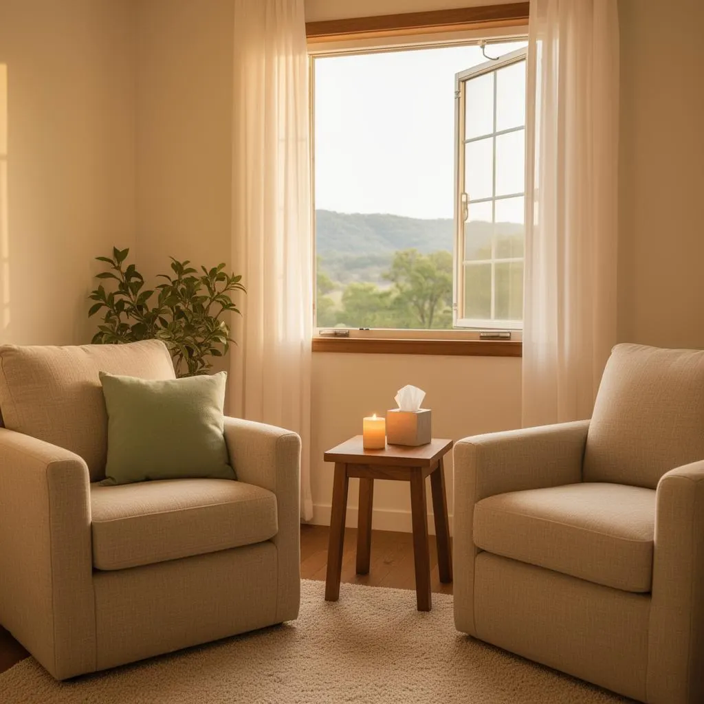 Warm, sunlit Austin counseling office with linen armchairs
